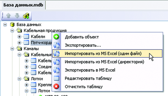 Рис. 2. Команды контекстного меню для импорта и экспорта в MS Excel
